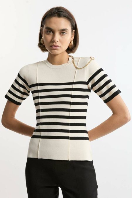Karen Millen Knitwear Cream Women Milano Knit Stripe Chain Detail Top