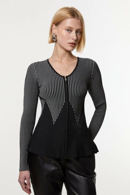 Karen Millen Knitwear Zig Zag Stitch Detail Zip-Up Knitted Jacket Women Mono
