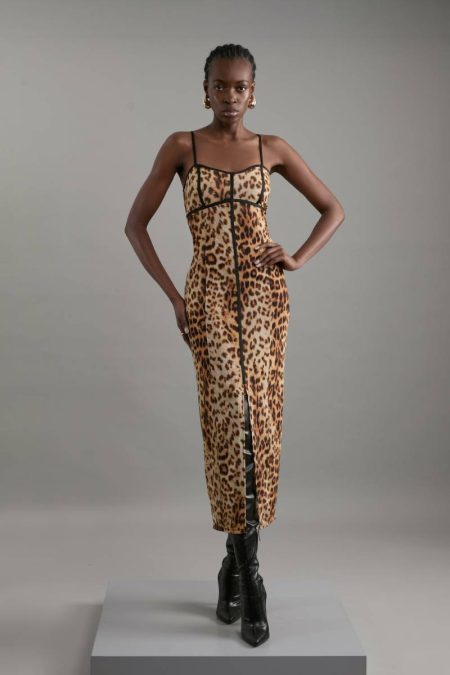 Karen Millen Lace Detail Power Mesh Jersey Maxi Dress Women Maxi Dresses Leopard