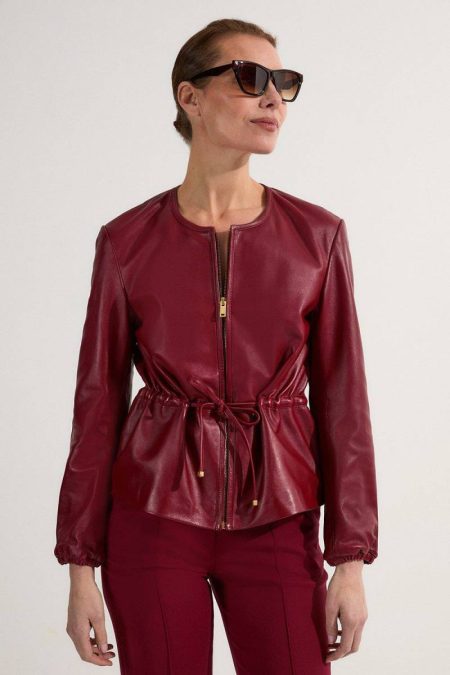 Karen Millen Leather Drawstring Tailored Collarless Jacket Women Tan Leather