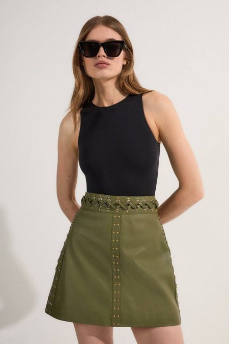 Karen Millen Leather Eyelet And Lace Trim Detail A Line Mini Skirt Light Green Women Skirts