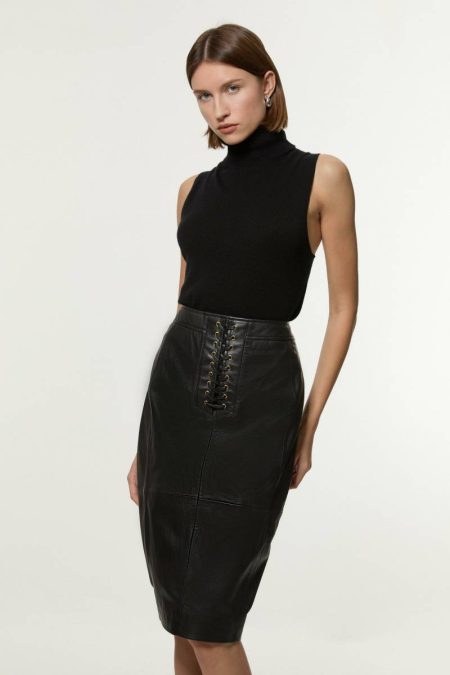 Karen Millen Leather Lace Up Pencil Skirt Women Black Tailoring