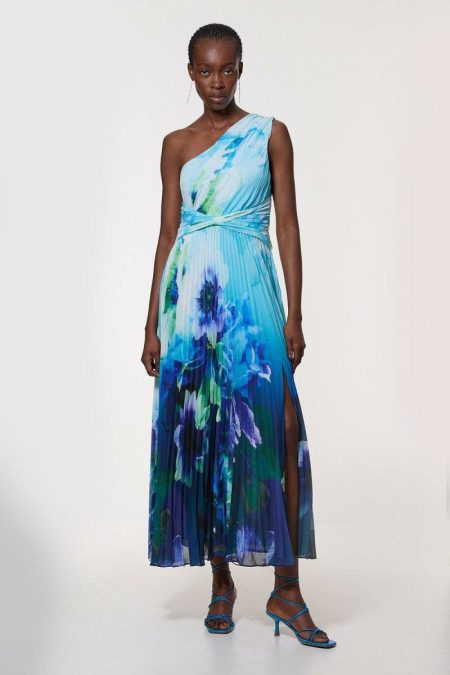 Karen Millen Maxi Dresses Blue Petite Ombre Floral Soft Pleated One Shoulder Maxi Dress Women
