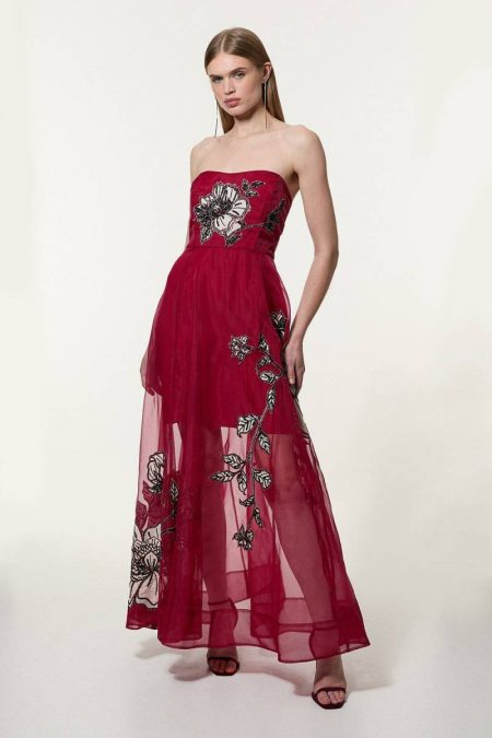 Karen Millen Maxi Dresses Floral Applique Organdie Woven Bandeau Maxi Dress Dark Red Women