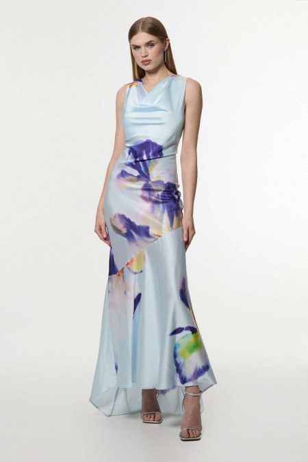 Karen Millen Maxi Dresses Floral Petite Hammered Satin Cowl Neck Woven Maxi Dress Women