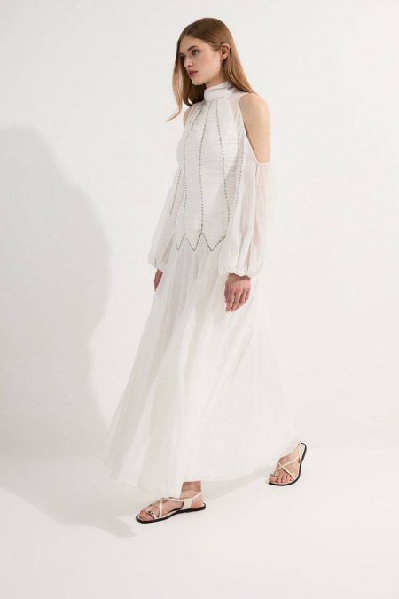 Karen Millen Maxi Dresses High Neck Embellished Ruched Georgette Woven Maxi Dress Ivory Women