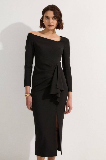Karen Millen Maxi Dresses Ivory Women Stretch Crepe Asymmetric Neckline Draped Maxi Dress