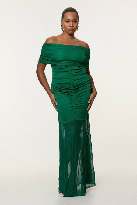 Karen Millen Maxi Dresses Plus Size Viscose Blend Slinky Sheer Knit Off The Shoulder Maxi Dress Women Green
