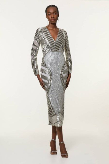 Karen Millen Maxi Dresses Silver Premium Mirrored Crystal Embellished Woven Midi Dress Women