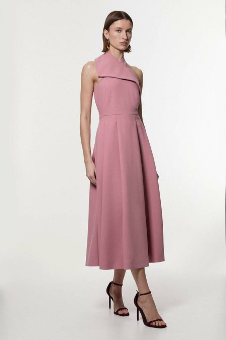 Karen Millen Maxi Dresses Women Compact Stretch Halter Neck Belted Full Skirted Midaxi Dress Dusty Pink