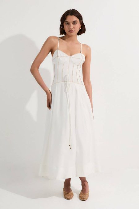 Karen Millen Maxi Dresses Women Ivory Petite Viscose Linen Corset Prom Dress