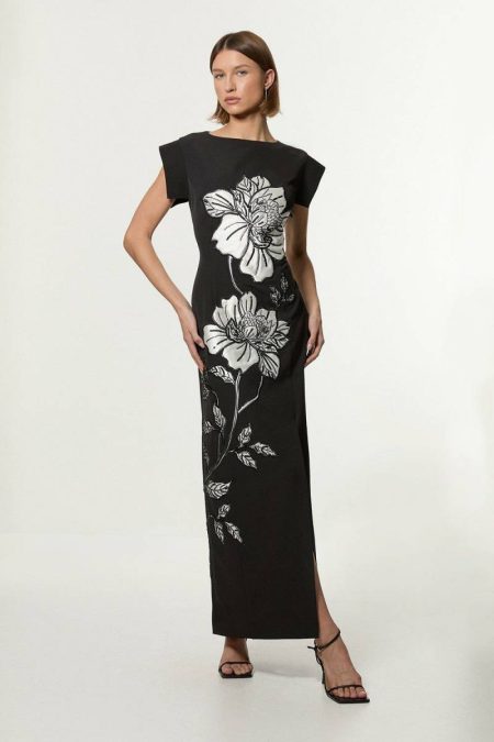 Karen Millen Maxi Dresses Women Ivory Tailored Applique Satin Beaded Maxi Dress