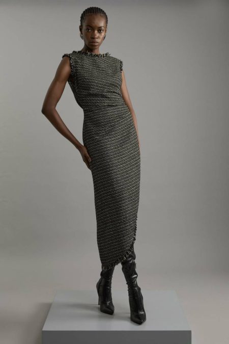 Karen Millen Metallic Boucle Tailored Ruched Midi Dress Ivory Women Midi Dresses