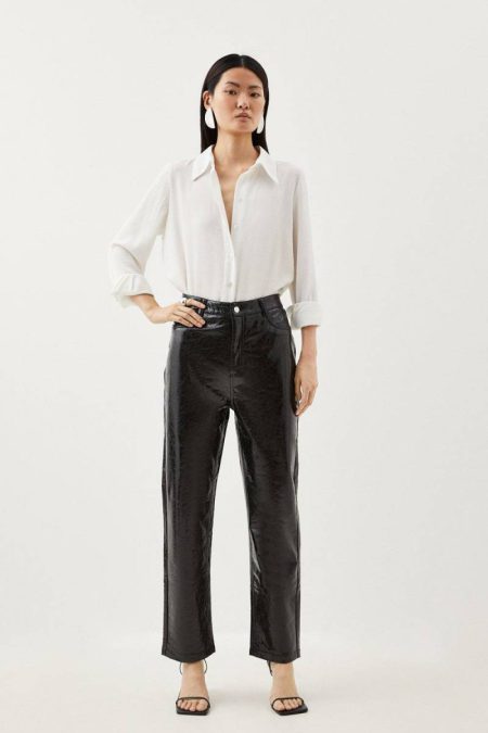 Karen Millen Metallic Faux Leather Straight Leg Pants Women Tailoring Black