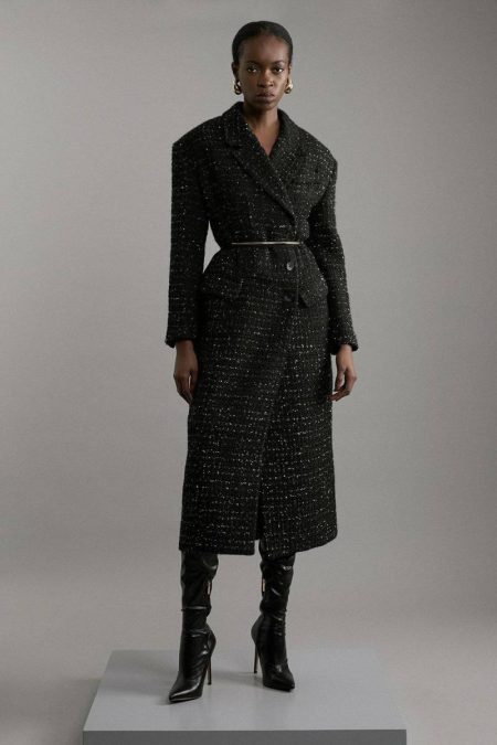 Karen Millen Metallic Texture Check Darted Waist Midaxi Tailored Coat Tailoring Ivory Women