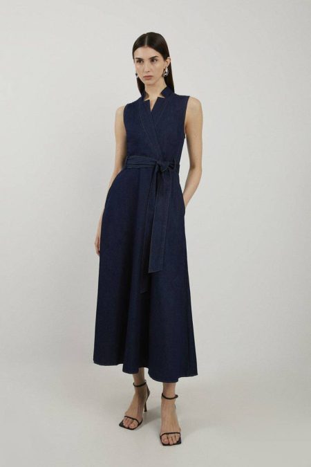 Karen Millen Midi Dresses Indigo Women Denim Tailored Notch Neck Belted Fluid Midi Dress