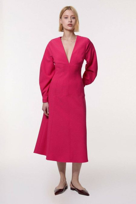 Karen Millen Midi Dresses Magenta Women Petite Textured Tailored Dropped Waist Sleeved Midaxi Dress