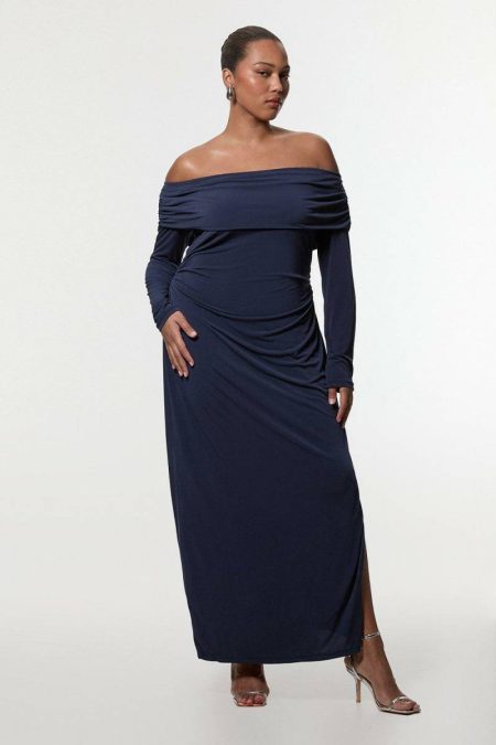 Karen Millen Midi Dresses Plus Size Off The Shoulder Drapey Midi Dress Navy Women