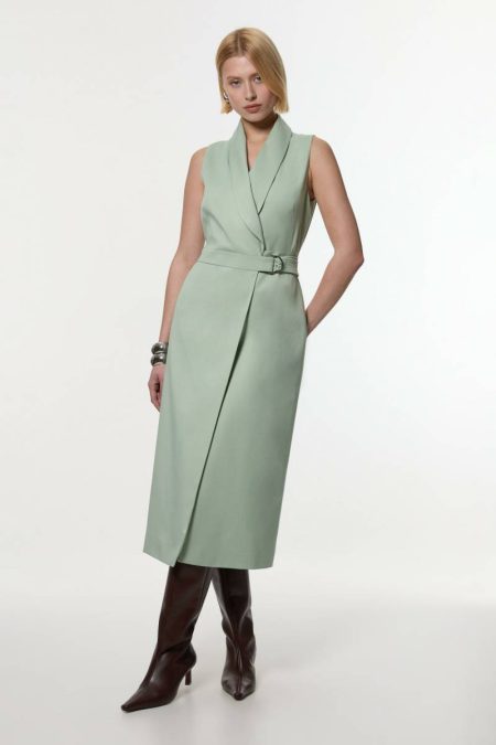 Karen Millen Midi Dresses Soft Tie Tailored Sleeveless Pencil Midi Dress Women Mint