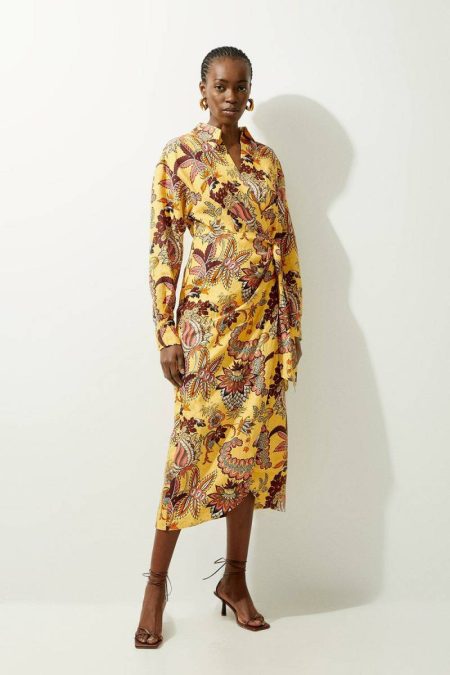 Karen Millen Midi Dresses Women Floral Petite Viscose Linen Woven Shirt Midi Dress