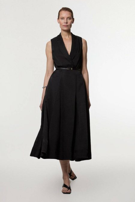 Karen Millen Midi Dresses Women Premium Viscose Linen Tailored Full Skirt Midi Dress Taupe