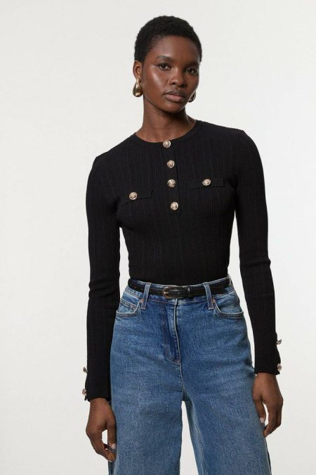 Karen Millen Military Trim Rib Long Sleeve Knit Top Women Knitwear Cream