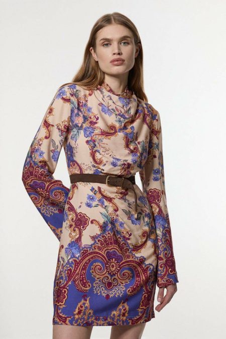 Karen Millen Mini Dresses Premium Viscose Linen Paisley Border Print Woven Mini Dress Multi Women