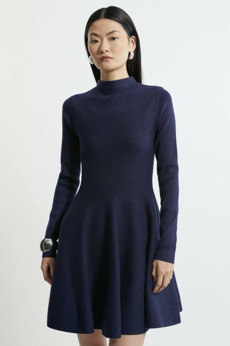 Karen Millen Mini Dresses Women Petite Viscose Blend Full Circle Knit Mini Dress Navy