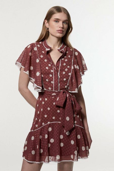 Karen Millen Mocha Mini Dresses Women Mixed Dot Ruffle Georgette Mini Dress