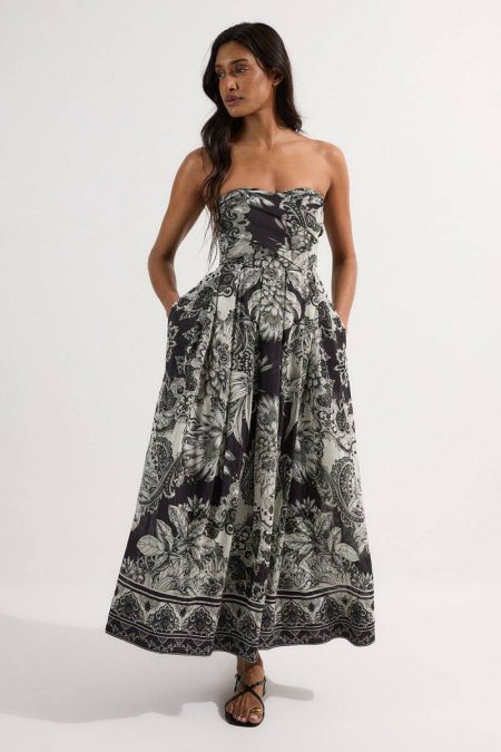 Karen Millen Mono Maxi Dresses Tile Silk Cotton Bustier Woven Prom Dress Women