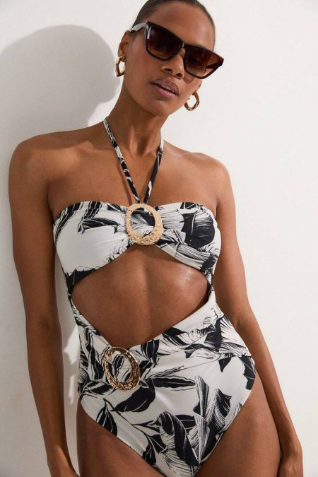 Karen Millen Mono Tall Slinky Palm Print Cut Out Swimsuit Women Swimwear