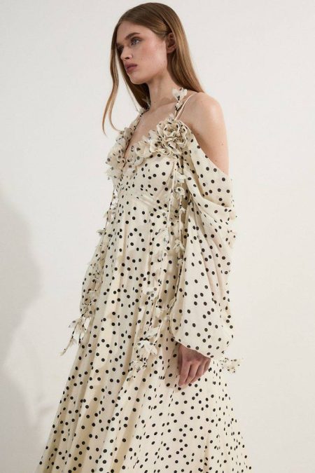 Karen Millen Mono Women Applique Spot Printed Cold Shoulder Woven Maxi Dress Maxi Dresses