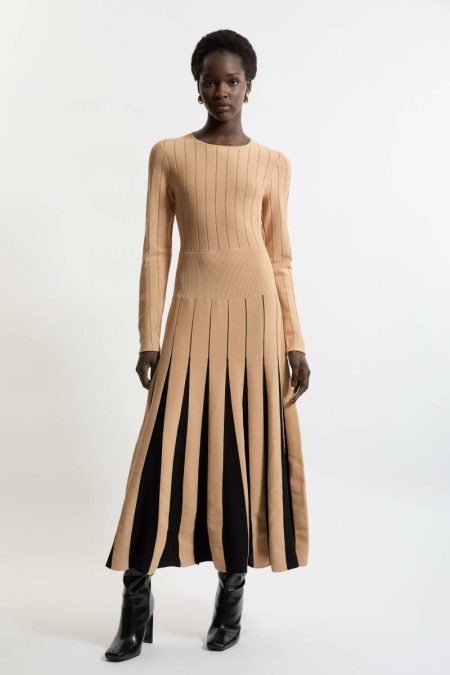 Karen Millen Mono Women Tailoring Pointelle Color Block Full Skirted Viscose Blend Knit Dress
