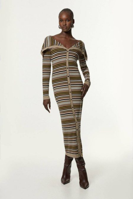 Karen Millen Navy Midi Dresses Archive Collection - Wide Collar Knitted Dress Women