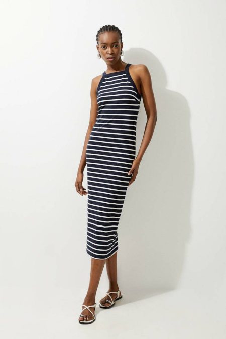 Karen Millen Navy Midi Dresses Stripe Stretch Cotton Jersey Halter Midi Dress Women