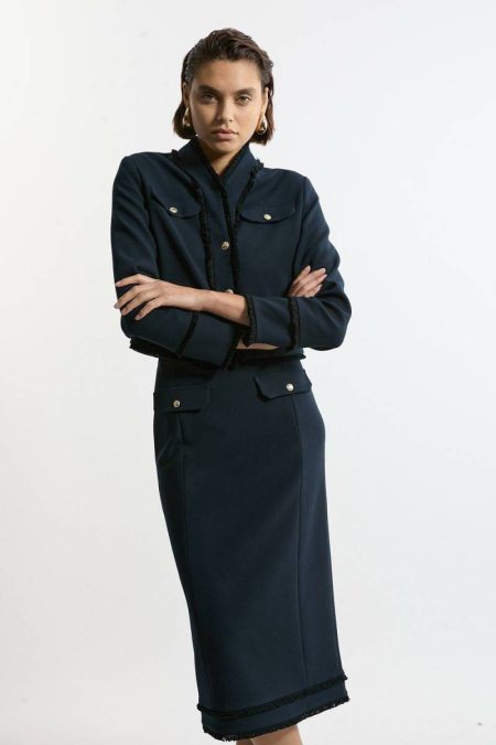 Karen Millen Navy Tailoring Compact Stretch Tweed Tailored Maxi Skirt Women