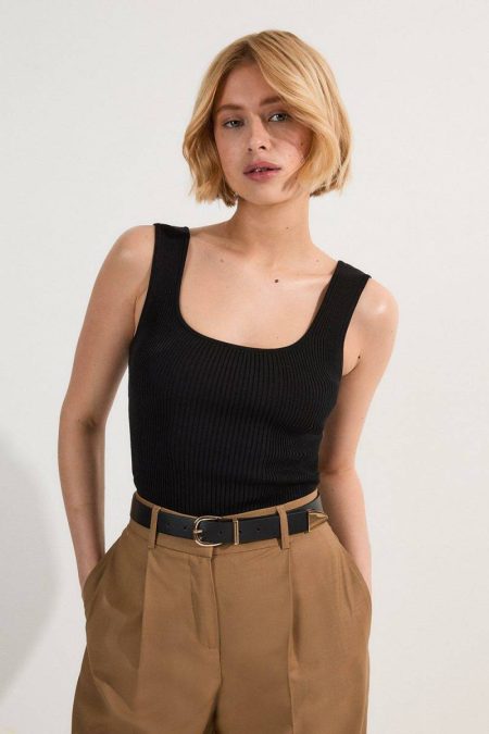 Karen Millen Navy Women Knitwear Viscose Blend Rib Knit Square Neck Tank Top