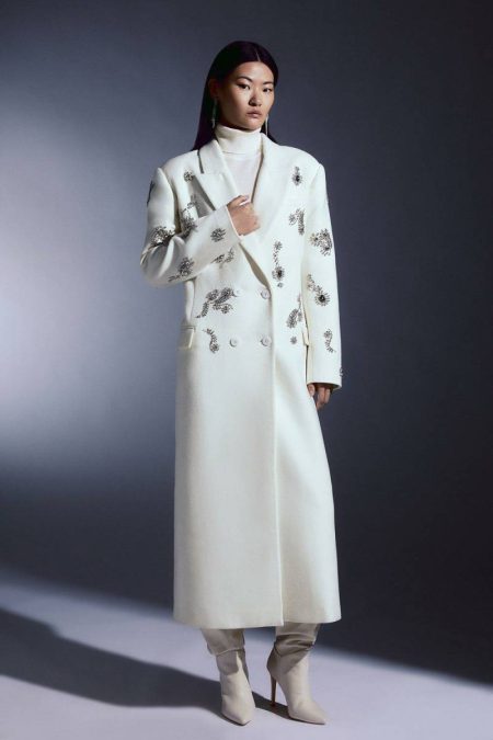 Karen Millen Navy Women Tailoring Tailored Wool Blend Embellished Maxi Coat