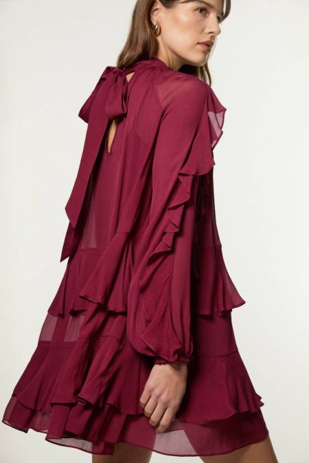 Karen Millen Petite Drama Ruffle Viscose Georgette Woven Mini Dress Berry Women Mini Dresses