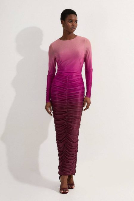 Karen Millen Petite Ombre Printed Mesh Ruched Long Sleeve Maxi Dress Maxi Dresses Women Pink
