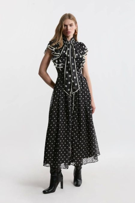 Karen Millen Petite Printed Dobby Ruffle Midi Dress Women Tailoring Mono