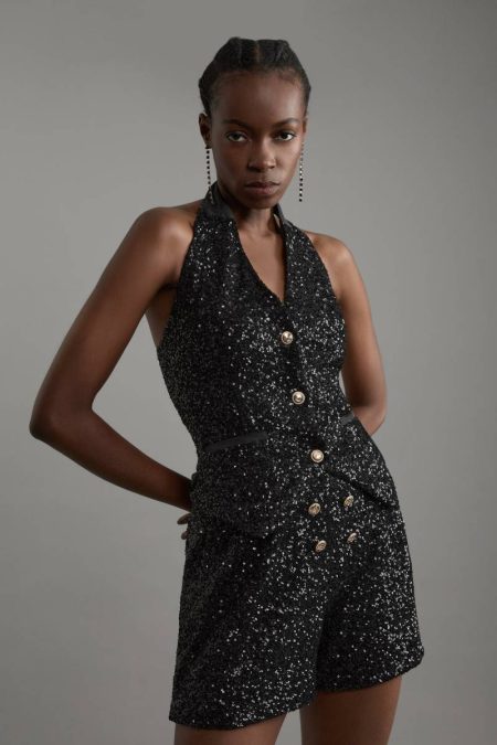 Karen Millen Petite Sequin Halter Neck Vest Tailoring Women Gun Metal