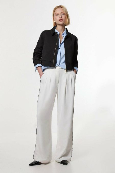 Karen Millen Petite Soft Tailored Contrast Tipped Wide Leg Pants Tailoring Ivory Women