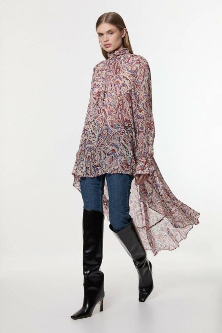 Karen Millen Petite Viscose Crinkle Paisley Frill Detail Tunic Women Red Tops