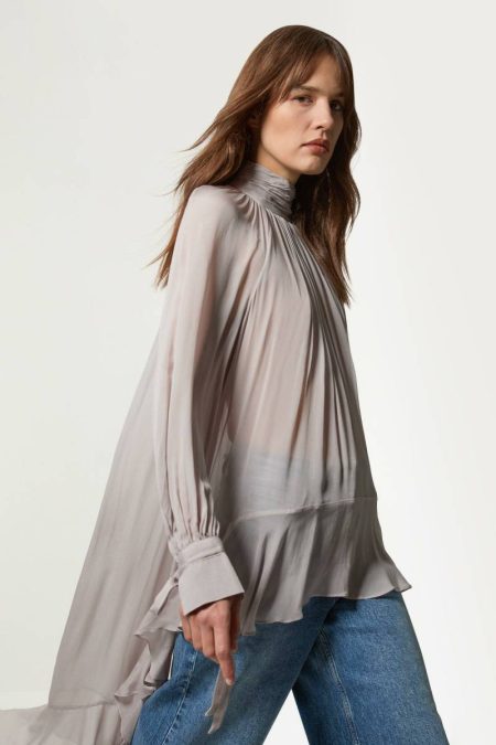 Karen Millen Petite Viscose Georgette Drama Woven Maxi Blouse Tailoring Women Taupe