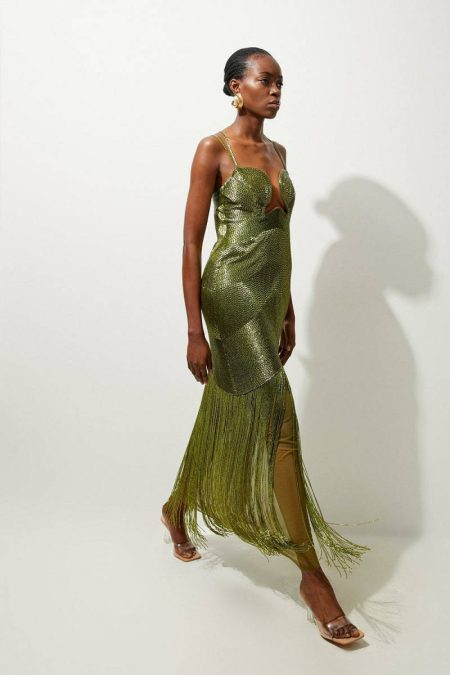 Karen Millen Pewter Women Premium Embellished Draped Beaded Strappy Midi Dress Tailoring
