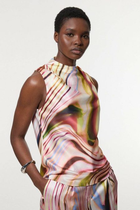Karen Millen Pink Tops Petite Graduated Stripe Viscose Satin Sleeveless High Neck Blouse Women