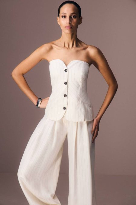 Karen Millen Pinstripe Bandeau Corserted Tailored Wide Leg Jumpsuit Ivory Tailoring Women