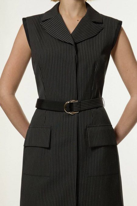 Karen Millen Pinstripe Tailored Grograin Detail Pocket Midi Dress Black Midi Dresses Women