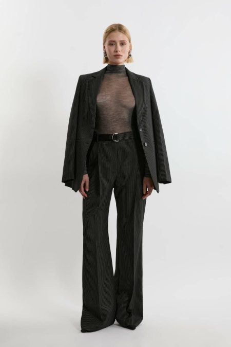 Karen Millen Pinstripe Tailored Grosgrain Detail Pants Black Women Tailoring
